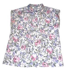 Vintage 80’s Cap Sleeve Button Front Cravat Bow Blouse Russ Petites Florals PM